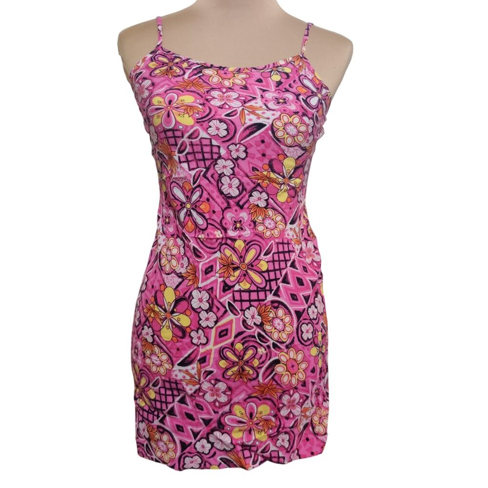 Vintage Juniors Aqua Blues Dress Summer Tropical Floral Pink Sz 9 fit like XS/S
